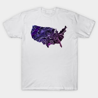 Colorful mandala art map of the United States of America in violet, white and pink on black T-Shirt